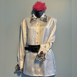 Como Vintage Satin Blouse with Black Embroidery
